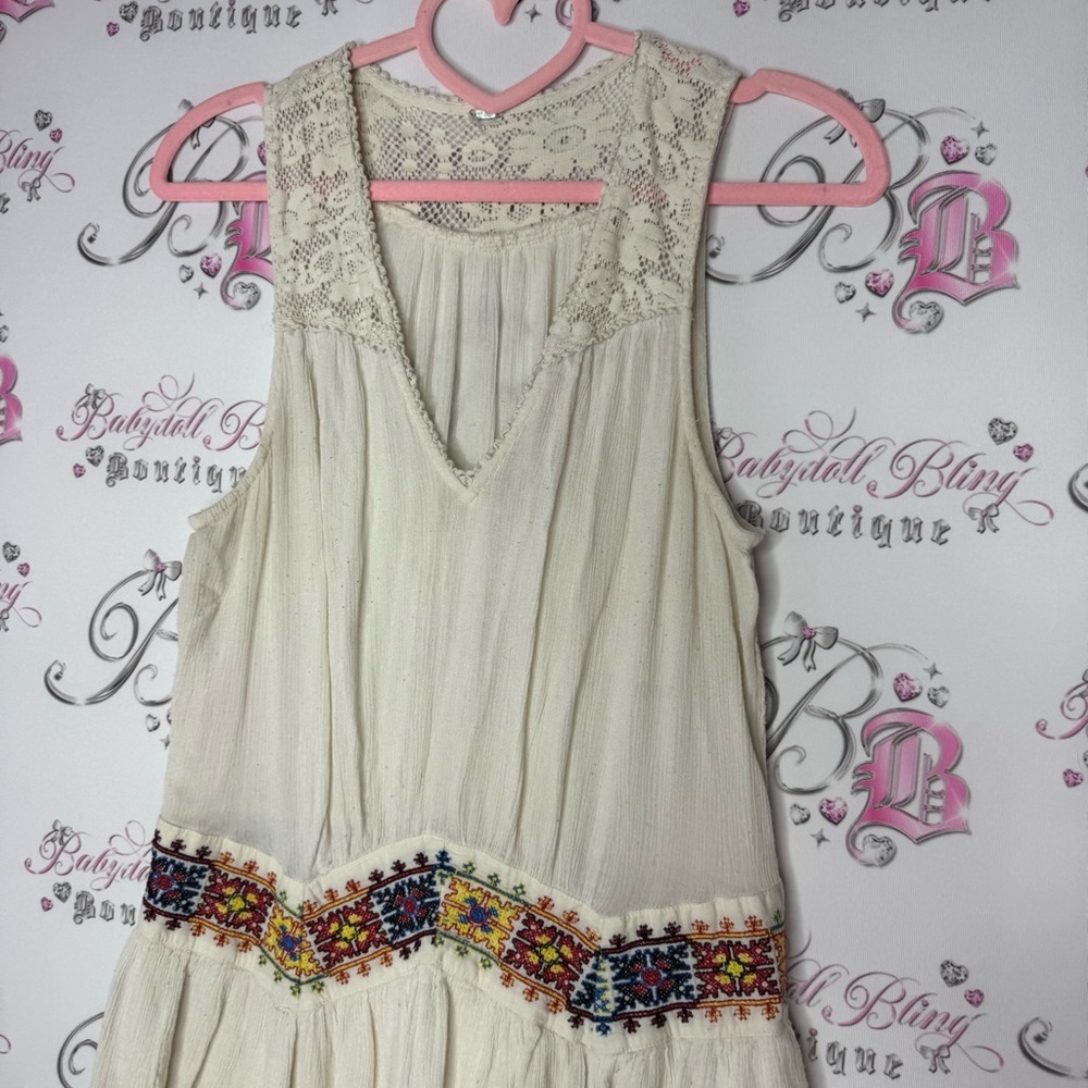 Free people dress Aztec embroidered embroidery cream white boho hippie flowy - Picture 4 of 13